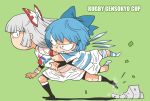  2019_rugby_world_cup 2girls ball bandaged_leg bandages bike_shorts black_legwear blue_hair bow cirno clenched_teeth commentary_request dated english_text fujiwara_no_mokou green_background hair_between_eyes hair_bow holding holding_ball holding_person long_hair looking_at_another multiple_girls no_mouth onikobe_rin rock rugby rugby_ball rugby_uniform shadow short_hair short_sleeves shorts sideways_glance signature silver_hair simple_background sportswear striped striped_legwear tackle teeth touhou very_long_hair wings 
