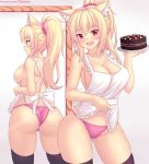  1girl animal_ear_fluff animal_ears apron apron_lift ass ass_visible_through_thighs bangs black_legwear blonde_hair blush breasts cake cat_ears cleavage collarbone eyebrows_visible_through_hair fang fast-runner-2024 food highres large_breasts lifted_by_self long_hair looking_at_viewer mirror no_bra no_pants open_mouth original panties patreon_username pink_panties ponytail red_eyes reflection slit_pupils solo thighhighs tiffy_(fast-runner-2024) underwear watermark web_address 