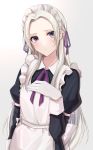  1girl alternate_costume apron bangs black_dress blonde_hair blue_eyes blush closed_mouth collared_dress commentary_request dress edelgard_von_hresvelg enmaided fire_emblem fire_emblem:_three_houses forehead frilled_apron frills gradient gradient_background grey_background hair_ornament hair_ribbon highres juliet_sleeves long_hair long_sleeves looking_at_viewer maid maid_apron maid_headdress neck_ribbon parted_bangs puffy_short_sleeves puffy_sleeves purple_eyes purple_ribbon ribbon satoimo_chika short_sleeves silver_hair simple_background solo very_long_hair white_apron white_background 