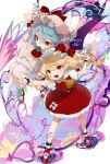  2girls :d arm_up ascot bat_wings blonde_hair blue_flower blue_hair blue_rose bobby_socks bow commentary crystal dress flandre_scarlet flower gotoh510 hat hat_bow heart heart_of_string highres mary_janes mob_cap multiple_girls one_side_up open_mouth petticoat pink_dress pink_headwear pointing pointy_ears puffy_short_sleeves puffy_sleeves red_bow red_eyes red_footwear red_neckwear red_skirt red_vest remilia_scarlet rose shoes short_hair short_sleeves siblings sisters skirt skirt_set smile socks standing star symbol_commentary touhou vest white_background white_headwear white_legwear wings wrist_cuffs yellow_neckwear 