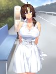  1girl 23_(real_xxiii) absurdres ahoge arms_behind_back bangs blue_eyes blush breasts brown_hair bus_stop cleavage collared_dress covered_nipples dress hair_tie highres hill inaka_no_onee-chan_to_hito_natsu_docha_ero_icha_love_sex large_breasts looking_at_viewer low_ponytail medium_hair nose_blush outdoors side_ponytail sky sleeveless sleeveless_dress smile solo standing white_dress 
