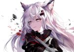  1girl :d animal_ear_fluff animal_ears arknights bangs black_jacket eyebrows_visible_through_hair eyelashes grey_eyes hair_between_eyes hair_ornament hairclip high_collar jacket katana lappland_(arknights) long_hair long_sleeves open_mouth sheya silver_hair simple_background smile solo sword upper_body weapon white_background wolf_ears 