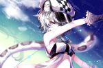  1girl animal_ear_fluff animal_ears arknights arm_up bandeau bangs bare_arms bare_shoulders beret black_hair blue_eyes checkered cliffheart_(arknights) cloud dress gloves gradient_hair grey_gloves hair_between_eyes hat highres looking_at_viewer multicolored_hair night night_sky outdoors sheya short_hair silver_hair sky solo stomach strapless tail tiger_ears tiger_tail tubetop upper_body white_dress white_headwear 