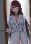  1girl bathrobe blush breasts cleavage commentary_request fate/grand_order fate_(series) highres indoors kitajima_yuuki large_breasts long_hair long_sleeves open_mouth opening_door purple_hair red_eyes scathach_(fate)_(all) scathach_(fate/grand_order) solo sparkle 