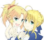  2girls ahoge artoria_pendragon_(all) bare_shoulders blonde_hair blue_dress blue_ribbon braid breasts commentary_request dress eyebrows_visible_through_hair face fang fate/grand_order fate_(series) gedou_(ge_ge_gedou) green_eyes hair_between_eyes hair_ornament hair_ribbon hair_scrunchie looking_at_viewer mordred_(fate) mordred_(fate)_(all) multiple_girls puffy_sleeves red_scrunchie ribbon saber scrunchie simple_background smile w white_background 
