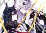  2girls :d animal_ears arknights bandeau bangs belt black_capelet black_hair black_jacket breasts capelet eye_contact eyebrows_visible_through_hair fang from_side grey_eyes hair_between_eyes hair_ornament hairclip highres jacket lappland_(arknights) long_hair long_sleeves looking_at_another medium_breasts multiple_girls open_clothes open_jacket open_mouth profile red_belt sheya silver_hair smile texas_(arknights) upper_body white_background white_jacket wolf_ears yellow_eyes yuri 