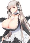  1girl absurdres azur_lane bangs bare_shoulders between_breasts black_dress blush breasts chixiao cleavage dress earrings eyebrows_visible_through_hair flight_deck formidable_(azur_lane) frilled_dress frills grey_hair hair_ribbon highres jewelry large_breasts long_hair long_sleeves looking_at_viewer red_eyes ribbon simple_background skirt_hold solo twintails two-tone_dress very_long_hair white_background 