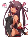  1girl bangs bare_shoulders breasts brown_hair brown_leotard covered_navel covered_nipples dark_skin elbow_gloves fishnets gloves hair_ribbon heart highres impossible_clothes impossible_leotard kihou_no_gotoku_dmc leotard long_hair looking_at_viewer mizuki_yukikaze ninja one-piece_tan open_mouth ribbon shiny shiny_clothes simple_background smile solo spoken_heart taimanin_(series) taimanin_yukikaze tan tanline thighhighs two_side_up very_long_hair white_background 