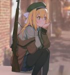  1girl beret black_legwear blonde_hair blue_skirt blurry blurry_background closed_mouth girls_frontline green_eyes green_headwear gun hat jacket juz long_hair long_sleeves m1_garand m1_garand_(girls_frontline) necktie off_shoulder pantyhose rifle shirt sitting skirt solo weapon 