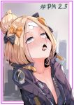  1girl abigail_williams_(fate/grand_order) absurdres ahegao bangs black_bow black_jakcet blue_eyes blush bow breasts commentary_request fate/grand_order fate_(series) hair_bow hair_bun highres looking_up naked_coat orange_bow parted_bangs pattadonza polka_dot polka_dot_bow small_breasts solo tearing_up tongue tongue_out 