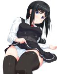  1girl :o asashio_(kantai_collection) belt black_dress black_hair black_legwear blue_eyes blue_panties breasts buttons cameltoe collared_shirt dress embarrassed highres izumo_konata kantai_collection lifted_by_self long_hair long_sleeves lying neck_ribbon panties pinafore_dress pleated_dress red_neckwear red_ribbon remodel_(kantai_collection) ribbon shirt simple_background small_breasts solo thighhighs underwear white_background white_shirt 