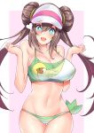 1girl animal_print bangs bare_shoulders bikini blue_eyes blush border breasts brown_hair cleavage collarbone double_bun gen_5_pokemon green_bikini heart highres large_breasts long_hair looking_at_viewer mei_(pokemon) navel open_mouth pink_background pokemon pokemon_(creature) pokemon_(game) pokemon_bw pokemon_bw2 sankakusui simple_background smile snivy solo sparkling_eyes swimsuit thighs twintails visor_cap white_border 
