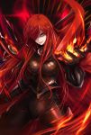  1girl armor bangs breasts cape chain closed_mouth commentary_request evil_smile fate/grand_order fate_(series) fire hair_over_one_eye highres large_breasts long_hair looking_at_viewer oda_nobunaga_(maou_avenger)_(fate) re_(re_09) red red_cape red_eyes red_hair smile very_long_hair 
