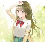  1girl arm_up bangs blurry blurry_background blush bow breasts brown_hair brown_jacket canape_(canape0130) collared_shirt depth_of_field dress_shirt eyebrows_visible_through_hair green_eyes green_skirt hair_between_eyes highres jacket long_hair long_sleeves looking_at_viewer off_shoulder open_clothes open_jacket original parted_lips petals pleated_skirt red_bow shirt skirt sleeves_past_wrists small_breasts solo very_long_hair white_shirt 