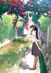  1girl black_hair black_skirt branch closed_eyes commentary_request day flower hair_ribbon hattori_mitsuru highres long_hair original outdoors pantyhose ponytail real_world_location red_flower red_ribbon ribbon river riverbank short_sleeves sidelocks skirt smelling_flower solo standing 