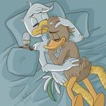  1:1 2018 4_fingers absurd_res anatid anseriform anthro anthro_on_anthro avian barefoot beak bed bed_sheet bedding bird brown_feathers brown_hair casual_nudity chicken darkwingownsthenight disney duck ducktales ducktales_(2017) embrace eyebrows eyelashes eyes_closed feathers fenton_crackshell fingers fluffy fluffy_tail galliform gallus_(genus) gyro_gearloose hair hi_res hug little_helper lying machine male male/male nude on_back on_bed on_top orange_beak phasianid pillow robot romantic_couple shadow short_hair signature smile social_nudity white_feathers white_hair yellow_beak 