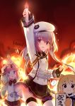  3girls :&lt;&gt; ? absurdres arm_up beret blonde_hair commentary_request explosion fingerless_gloves fire gloves hat highres jiang-ge long_hair looking_at_viewer military military_uniform multiple_girls pink_hair purple_eyes short_hair thick_eyebrows tirpitz_(warship_girls_r) torpedo uniform warship_girls_r younger yukikaze_(warship_girls_r) yuudachi_(warship_girls_r) 