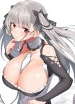  1girl absurdres azur_lane bangs bare_shoulders between_breasts black_dress blush breasts cleavage dress earrings formidable_(azur_lane) frilled_dress frills fujitsubo_(hujitubo0731) grey_hair highres jewelry large_breasts long_hair looking_at_viewer red_eyes ribbon solo twintails two-tone_dress two-tone_ribbon very_long_hair 