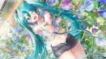  ;d absurdres aqua_bikini aqua_eyes aqua_hair bamboo_screen bare_arms bikini bikini_under_clothes black_shorts blurry clenched_hands commentary cowboy_shot daidou_(demitasse) day depth_of_field dutch_angle fingernails flower hair_between_eyes hair_ribbon happy hatsune_miku highres holding holding_hose hose long_hair looking_at_viewer midriff morning_glory navel one_eye_closed open_fly open_mouth outstretched_arms ribbon shirt short_shorts shorts smile splashing summer swimsuit tied_shirt twintails up_sleeve v_arms very_long_hair vocaloid water wet wet_clothes wet_shirt white_shirt 
