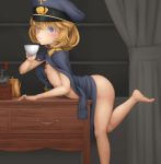  1girl barefoot blonde_hair blue_eyes blush bottomless breasts closed_mouth coffee cross cup drinking eyebrows_visible_through_hair hat highres indoors jacket jacket_on_shoulders looking_at_viewer looking_to_the_side military military_hat military_uniform nipples no_bra no_panties shiny shiny_skin short_hair small_breasts solo table tanya_degurechaff toumi_(sr) uniform youjo_senki 