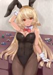  1girl against_table alternate_costume animal_ears bangs bare_shoulders blonde_hair bow bowtie breasts bunny_ears bunnysuit card cleavage covered_navel dark_skin detached_collar detached_sleeves elf eyebrows_visible_through_hair fake_animal_ears gloves hololive large_breasts long_hair looking_at_viewer mizuki_haruka open_mouth orange_eyes pantyhose playing_card pointy_ears poker_chip red_neckwear shiranui_flare solo table very_long_hair virtual_youtuber white_gloves 