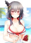  1girl beach black_hair blue_sky breasts cleavage closed_mouth cloud eyebrows_visible_through_hair food gradient_sky hair_between_eyes hair_ornament ice_cream kantai_collection large_breasts looking_at_viewer ocean palm_tree red_eyes remodel_(kantai_collection) rui_shi_(rayze_ray) short_hair sitting sky solo spoon swimsuit tree yamashiro_(kantai_collection) 