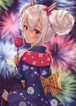  1girl animal_ears azur_lane bag bangs blush bunny_ears candy_apple commentary_request double_bun evening fake_animal_ears fireworks food from_behind hair_between_eyes hair_ribbon highres holding holding_bag holding_food izumo_neru japanese_clothes kimono kinchaku laffey_(azur_lane) laffey_(snow_rabbit_and_candied_apple)_(azur_lane) licking long_sleeves looking_at_viewer looking_back obi pouch red_eyes ribbon sash short_hair sidelocks silver_hair solo tongue tongue_out wide_sleeves yukata 