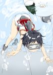  air_bubble ass black_hair bubble closed_eyes commentary_request diving_mask green_hair hat highres kantai_collection kiso_(kantai_collection) maru-yu_(kantai_collection) one-piece_swimsuit peaked_cap rigging school_swimsuit short_hair swimsuit underwater white_school_swimsuit white_swimsuit zyaan 