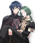  2boys blue_eyes blue_hair blush byleth_(fire_emblem) byleth_(fire_emblem)_(male) carrying epaulettes fire_emblem fire_emblem:_three_houses garreg_mach_monastery_uniform gloves green_hair kakiko210 linhardt_von_hevring long_hair low_ponytail multiple_boys open_mouth sleeping white_background yaoi 