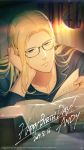  1boy andy_bogard bespectacled blonde_hair blue_eyes book character_name dated desk_lamp glasses happy_birthday highres kuren lamp long_hair male_focus reading solo the_king_of_fighters 