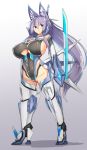  1girl absurdres animal_ears armor black_leotard blue_eyes boots breasts closed_mouth fox_ears full_body gloves gradient gradient_background highleg highleg_leotard highres huge_breasts indigo_(tylwing) leotard long_hair looking_at_viewer mecha_musume multicolored multicolored_eyes original purple_background purple_eyes purple_hair serious shiny shiny_skin sideboob simple_background solo standing thigh_boots thighhighs thighs tylwing underboob white_background 