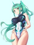  1girl bangs blue_background blush breasts covered_navel covered_nipples earrings eyebrows_visible_through_hair green_eyes green_hair highres jewelry large_breasts looking_at_viewer nintendo pneuma_(xenoblade_2) ponytail smile spoilers sssemiii swept_bangs swimsuit upper_body xenoblade_(series) xenoblade_2 