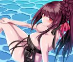  alternate_costume bangs bare_shoulders black_swimsuit blush braid breasts cleavage closed_mouth french_braid girls_frontline hair_between_eyes hair_ribbon halterneck hand_on_thigh high_ponytail large_breasts long_hair looking_at_viewer lying partially_submerged ponytail purple_hair red_eyes ribbon sidelocks sitting sushi_no_kokoro swimsuit thighs wa2000_(girls_frontline) water waves 