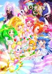  6+girls akaooni aoki_reika bow candy_(smile_precure!) card castle character_request colorful cure_beauty cure_happy cure_march cure_peace cure_sunny everyone hino_akane_(smile_precure!) hoshizora_miyuki joker_(smile_precure!) kise_yayoi kuren magical_girl majorina midorikawa_nao multiple_girls playing_card ponytail precure sky smile_precure! tiara wolf wolfrun 