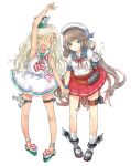  2girls blonde_hair blue_sailor_collar closed_eyes depth_charge dress facing_viewer full_body gloves grecale_(kantai_collection) green_eyes grey_hair hat hip_vent holding_hands kantai_collection long_hair looking_at_viewer low_twintails mikura_(kantai_collection) mini_hat multiple_girls neckerchief open_clothes pink_ribbon pleated_skirt puffy_short_sleeves puffy_sleeves red_skirt renon_(tenle) ribbon sailor_collar sailor_dress sailor_hat sailor_shirt shirt short_sleeves side-tie_dress simple_background skirt sleeveless sleeveless_dress smile socks striped striped_neckwear tan twintails undershirt waving white_background white_dress white_gloves white_legwear white_sailor_collar white_shirt 