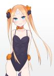  1girl abigail_williams_(fate/grand_order) absurdres arms_behind_back bandages bangs blonde_hair blue_eyes blush bow bowtie fate/grand_order fate_(series) groin hair_bow highres kopaka_(karda_nui) long_hair looking_at_viewer one-piece_swimsuit parted_bangs purple_swimsuit simple_background smile solo swimsuit tentacles twintails very_long_hair white_background 