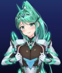  1girl armor blue_background blush breasts closed_eyes earrings elbow_gloves eyebrows_visible_through_hair gem gloves glowing gradient gradient_background green_eyes green_hair hair_ornament headpiece jewelry large_breasts looking_at_viewer matching_hair/eyes naughty_face nintendo nipples open_mouth pervert pneuma_(xenoblade_2) ponytail shoulder_armor smile solo sssemiii tiara tongue tongue_out xenoblade_(series) xenoblade_2 