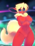  2019 anthro blue_eyes blush breasts eeveelution featureless_breasts featureless_crotch female flareon fluffy fur hair mammal navel neck_tuft nintendo open_mouth pok&eacute;mon pok&eacute;mon_(species) solo tsampikos tuft video_games 