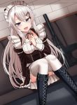  1girl 9a-91 9a-91_(girls_frontline) :d apron assault_rifle bangs blue_eyes blush boots breasts cross-laced_footwear dutch_angle eyebrows_visible_through_hair girls_frontline gun hair_between_eyes hair_ornament hand_up highres knee_boots knees_together_feet_apart lace-up_boots long_hair looking_at_viewer maid maid_headdress medium_breasts open_mouth rabochicken rifle silver_hair sitting smile solo thighhighs very_long_hair weapon 