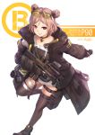  1girl bangs black_coat black_footwear black_gloves black_legwear bullpup character_name choker coat double_bun eyewear_on_head gas_mask girls_frontline gloves gun hair_ornament highres hiroki_ree holding holding_grenade holding_gun holding_weapon light_brown_hair magazine_(weapon) open_clothes open_coat p90 p90_(girls_frontline) partly_fingerless_gloves pouch red_eyes reflex_sight short_hair sidelocks signature smile snap-fit_buckle solo submachine_gun tinted_eyewear trigger_discipline weapon 