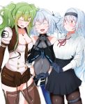  3girls absurdres bangs bare_shoulders black_gloves black_hairband black_leotard blush commentary_request eyebrows_visible_through_hair girls_frontline gloves green_hair hair_between_eyes hairband highres leotard long_hair long_sleeves m950a_(girls_frontline) medium_hair messy_hair multiple_girls neck_scar open_mouth pa-15_(girls_frontline) pantyhose physisyoon red_eyes scar sidelocks simple_background skirt thighhighs thunder_(girls_frontline) twintails two_side_up 