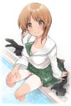  1girl arm_support artist_name bangs black_legwear blouse blush bra breasts brown_eyes brown_hair closed_mouth downblouse eyebrows_visible_through_hair fading girls_und_panzer green_bra green_skirt hand_on_own_knee highres komekueyo lace lace-trimmed_bra long_sleeves looking_at_viewer medium_breasts miniskirt neckerchief neckerchief_removed nishizumi_miho ooarai_school_uniform panties pantyshot pantyshot_(sitting) pleated_skirt pool school_uniform serafuku short_hair signature sitting skirt smile socks socks_removed solo underwear wading white_background white_blouse white_panties 