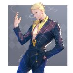  1boy blonde_hair blue_eyes choker cigarette formal holding holding_cigarette jewelry jojo_no_kimyou_na_bouken kuren male_focus necklace prosciutto smoke_trail solo suit vento_aureo 