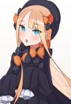  1girl abigail_williams_(fate/grand_order) absurdres bangs blonde_hair blue_eyes bow dress eyebrows_visible_through_hair fate/grand_order fate_(series) hair_bow hat highres kopaka_(karda_nui) long_hair looking_at_viewer open_mouth simple_background sleeves_past_wrists solo very_long_hair white_background 