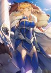  1girl absurdres animal armor armored_boots armored_dress artoria_pendragon_(all) artoria_pendragon_(lancer) bangs blonde_hair blue_dress blue_legwear blue_sky blurry blurry_foreground boots braid breasts cape capelet cleavage closed_mouth cloud cloudy_sky covered_navel crown day depth_of_field dress eyebrows_visible_through_hair fate/grand_order fate_(series) fur-trimmed_cape fur_trim gauntlets green_eyes hair_between_eyes hair_bun hair_ornament highres holding holding_weapon knee_boots lance large_breasts lion long_hair looking_away outdoors polearm rhongomyniad sidelocks sky solo thighhighs weapon white_capelet yorukun 