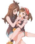  2girls age_difference ankea_(a-ramo-do) arm_around_neck ayumi_(pokemon) baseball_cap blue_(pokemon) blue_shorts blush bracelet brown_eyes brown_hair feeding food fruit hat high_ponytail holding holding_poke_ball jewelry long_hair multiple_girls poke_ball poke_ball_(generic) pokemon pokemon_(game) pokemon_lgpe ponytail short_shorts short_sleeves shorts simple_background sitting sitting_on_lap sitting_on_person white_background yuri 