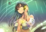  1girl bangs bare_shoulders bikini_top bird black_hair highres long_hair looking_at_viewer okuto open_clothes open_shirt original purple_eyes see-through smile solo star star-shaped_pupils symbol-shaped_pupils upper_body 