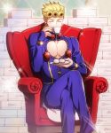  1boy blonde_hair braid bug cleavage_cutout closed_eyes couch crossed_legs cup drinking giorno_giovanna insect jojo_no_kimyou_na_bouken kuren ladybug male_focus sitting solo sparkle teacup vento_aureo 