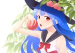  1girl alternate_costume arm_up armpit_crease armpit_peek bangs bare_arms black_headwear blue_hair blue_sailor_collar blurry commentary_request depth_of_field eyebrows_visible_through_hair food fruit hat highres hinanawi_tenshi holding holding_food holding_fruit kanpa_(campagne_9) leaf leaf_background long_hair looking_at_viewer nail_polish neckerchief open_mouth peach pink_nails red_eyes red_neckwear sailor_collar sailor_shirt shirt sleeveless sleeveless_shirt solo standing touhou upper_body upper_teeth very_long_hair white_background 