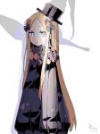  1girl abigail_williams_(fate/grand_order) arms_at_sides bangs black_bow black_dress black_headwear blonde_hair blue_eyes bow bug butterfly dress fate/grand_order fate_(series) hair_bow hat highres insect long_hair long_sleeves looking_at_viewer multiple_bows multiple_hair_bows orange_bow parted_bangs parted_lips polka_dot polka_dot_bow shadow signature simple_background sleeves_past_fingers sleeves_past_wrists sofra solo very_long_hair white_background 